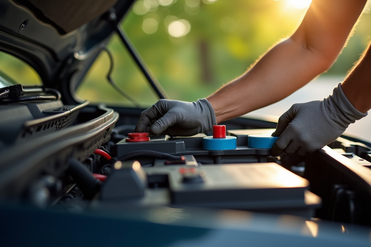 Personne vérifiant la batterie de voiture sous le capot en plein soleil