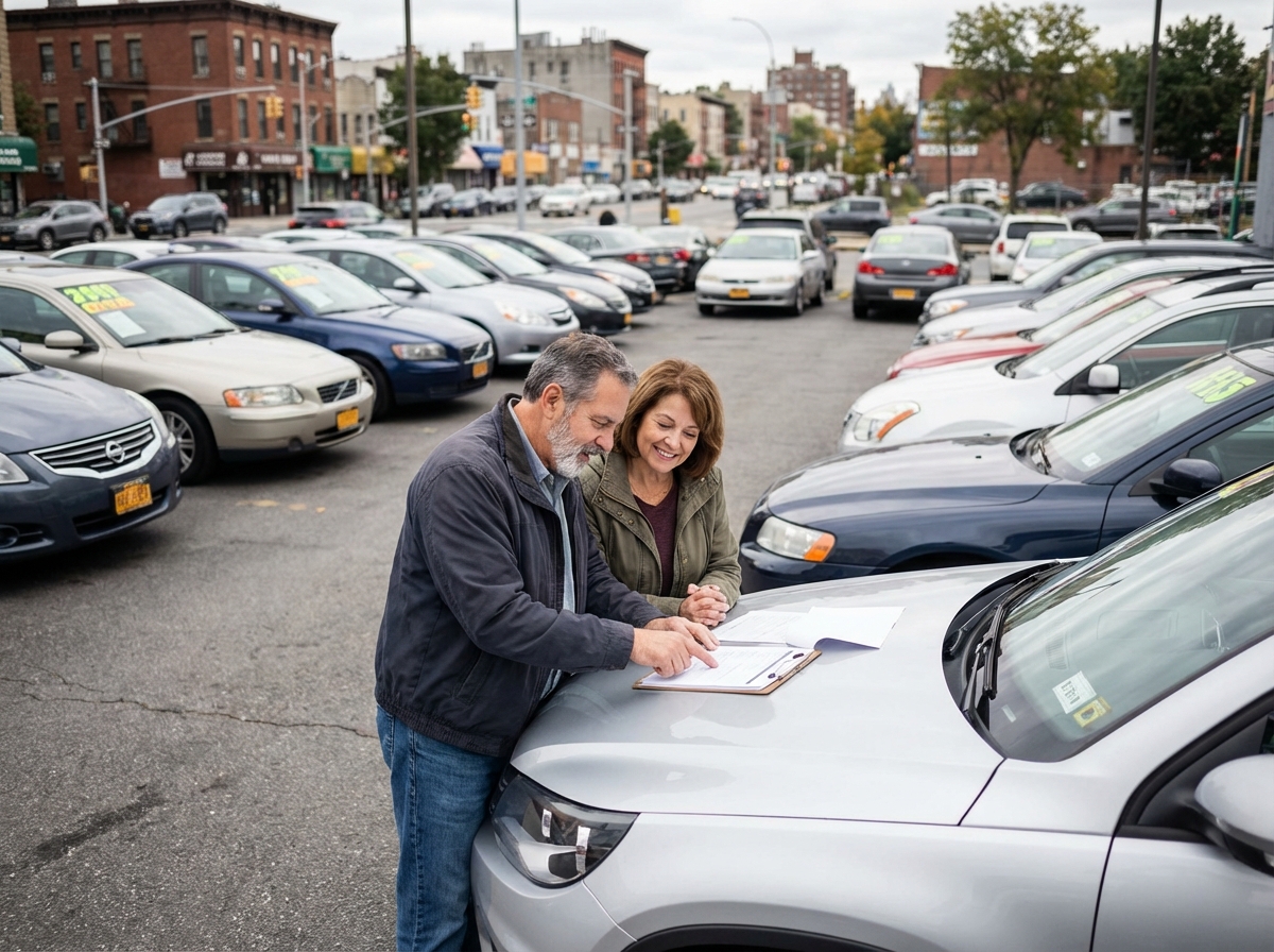 Couple mature examinant des documents devant des voitures
