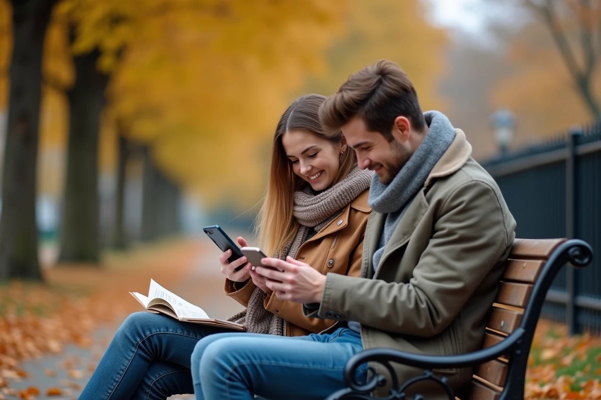 Couple apprenant le français ensemble sur un banc de parc en automne avec un guide grammatical et une application mobile