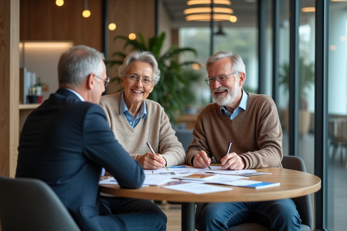 Couple discutant avec conseiller bancaire dans un bureau pour un prêt immobilier