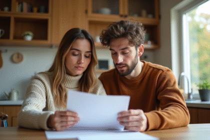 Jeune couple dans la cuisine lisant des papiers