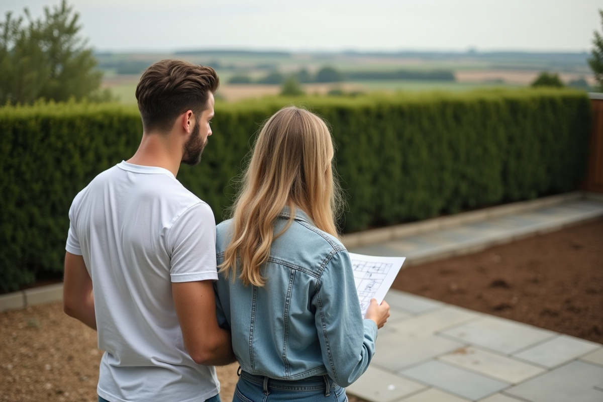 Jeune couple planifiant leur futur jardin sur une terrasse