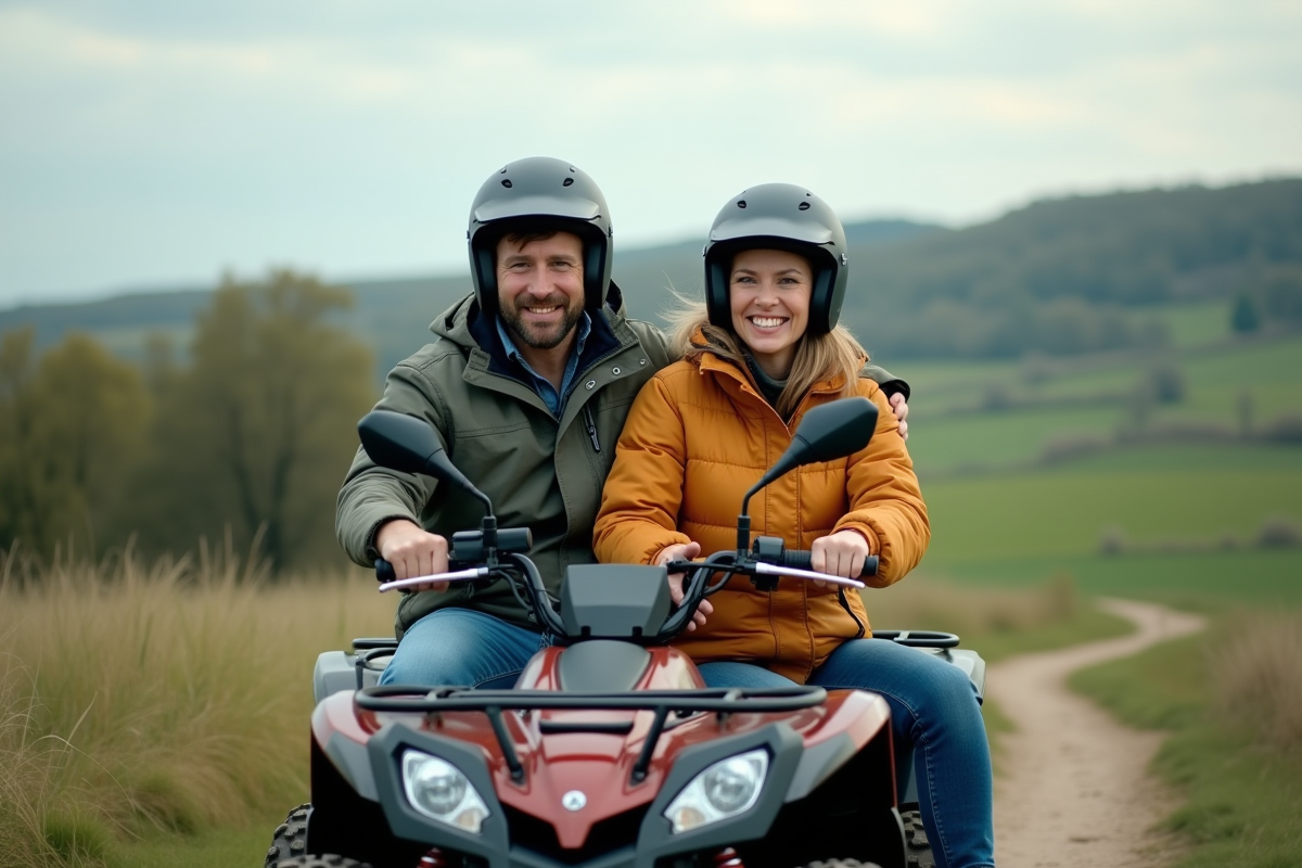 Couple d'adultes en quad dans un paysage rural