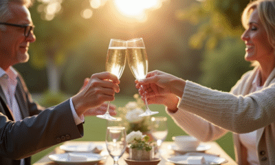 Couple élégant échangeant un toast dans un jardin ensoleille