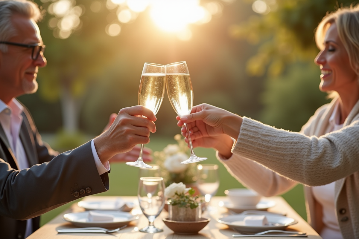 Couple élégant échangeant un toast dans un jardin ensoleille