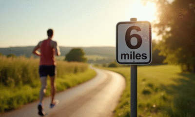 Coureur sur chemin ensoleille avec panneau 6 miles