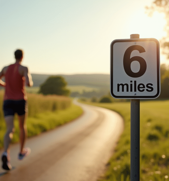 Coureur sur chemin ensoleille avec panneau 6 miles