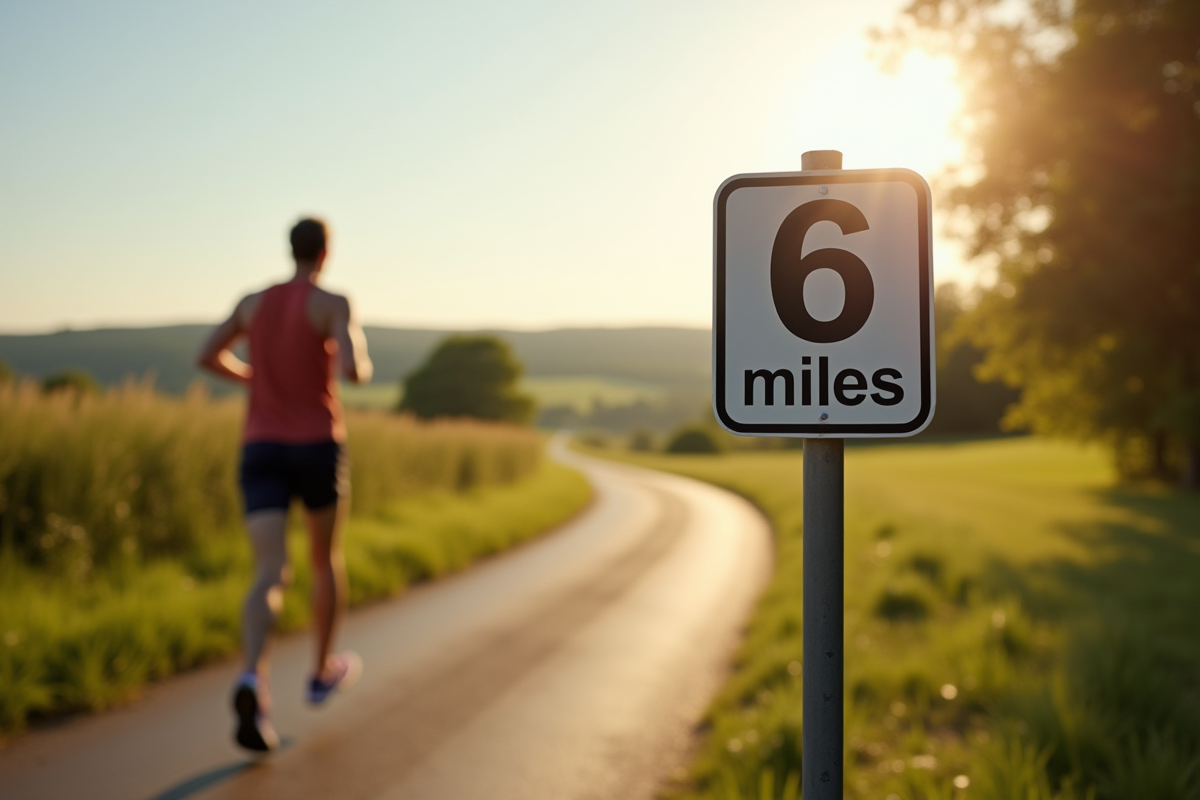 Coureur sur chemin ensoleille avec panneau 6 miles