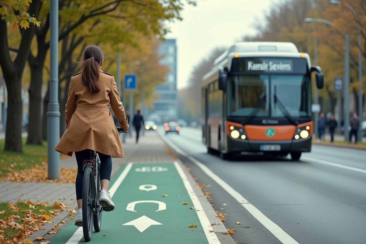 Jeune femme à vélo sur voie dédiée avec bus hydrogène