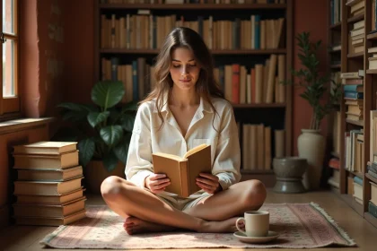 Jeune femme lisant un recueil de poésie italienne dans une bibliothèque chaleureuse entourée de livres anciens