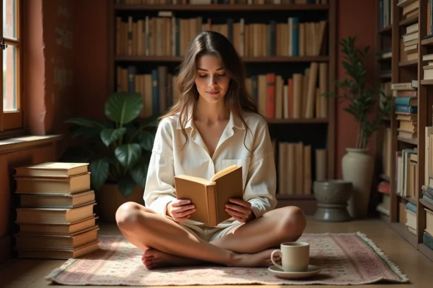 Jeune femme lisant un recueil de poésie italienne dans une bibliothèque chaleureuse entourée de livres anciens