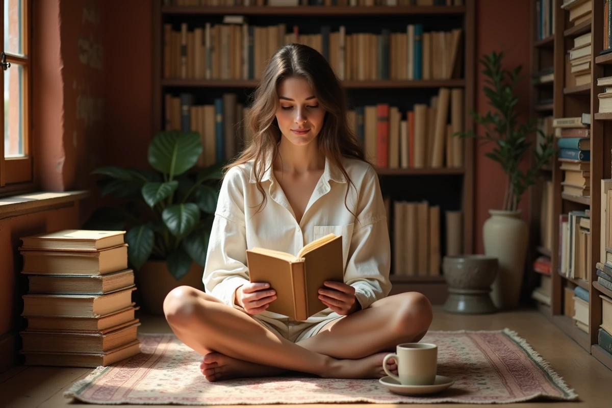 Jeune femme lisant un recueil de poésie italienne dans une bibliothèque chaleureuse entourée de livres anciens