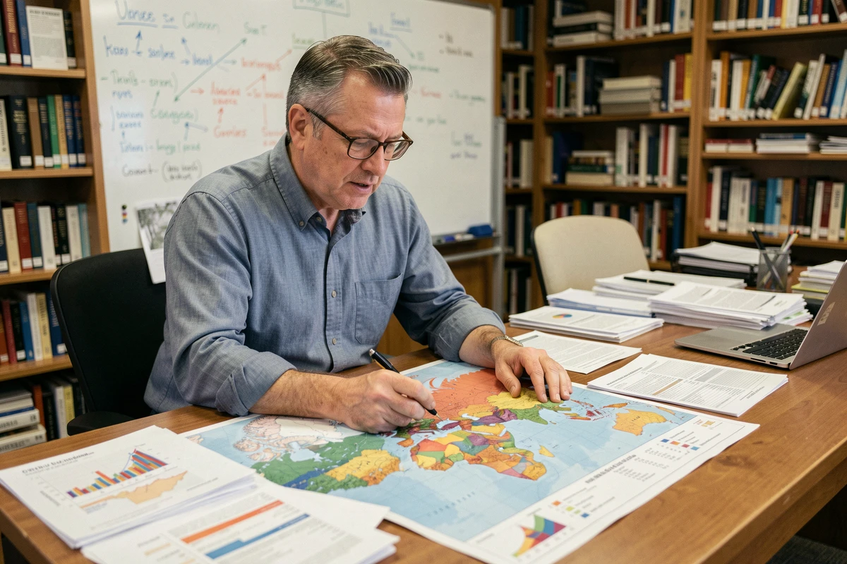 Chercheur démographe analysant des cartes de densité de population mondiale dans un bureau universitaire