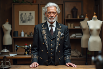 Designer mode homme en atelier avec tissus et croquis