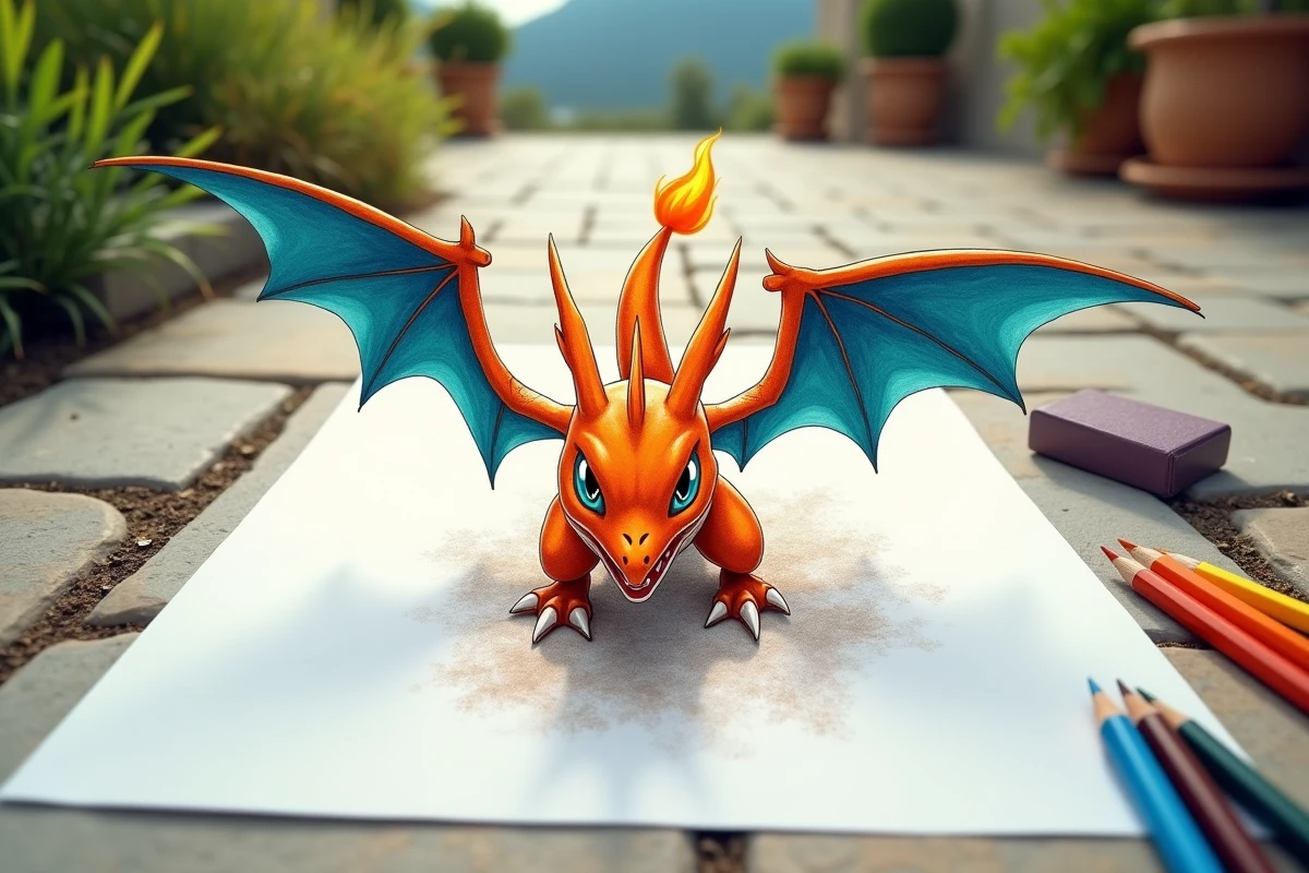 Dessin détaillé de dracaufeu vu en perspective dynamique