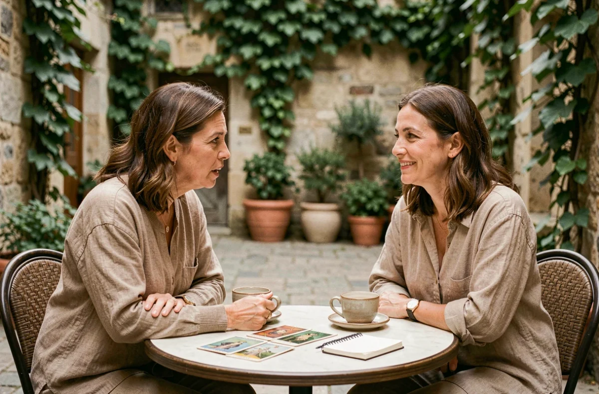 Deux femmes discutant calmement autour de cartes de tarot dans une cour paisible, illustrant le dialogue serein face aux croyances en les sorts et l'énergie négative