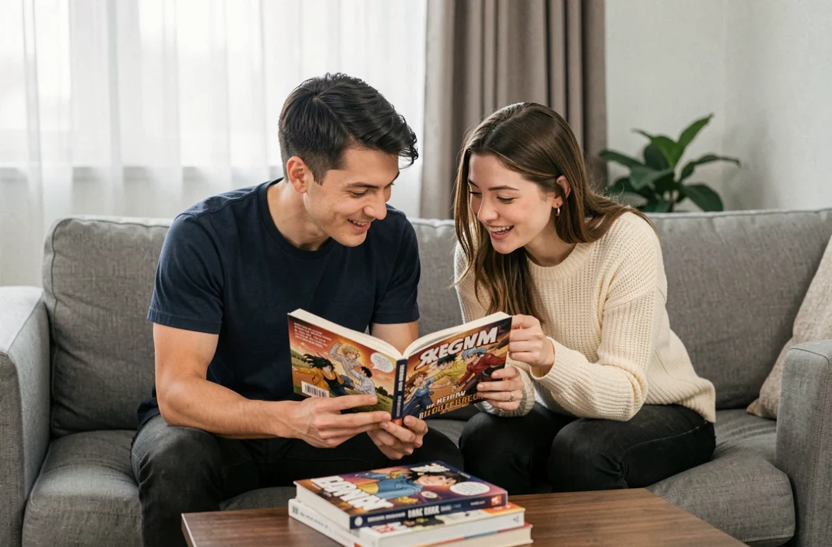 Deux jeunes adultes assis ensemble sur un canapé moderne discutant du contenu d'un manhwa ouvert entre eux dans un salon confortable