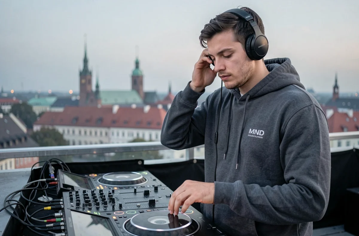 DJ Atmosphr mixant sur un toit à Strasbourg avec la skyline de la ville en arrière-plan au crépuscule