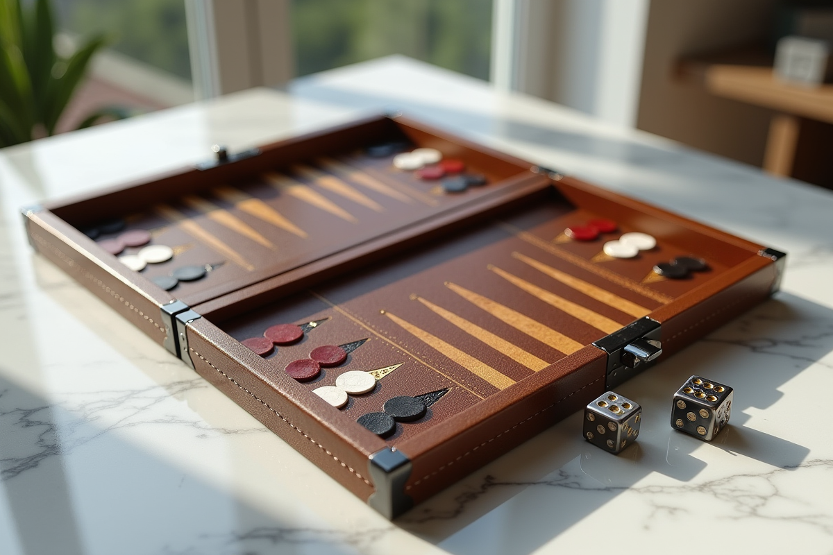 Zoom sur un plateau de backgammon en cuir synthétique et aluminium