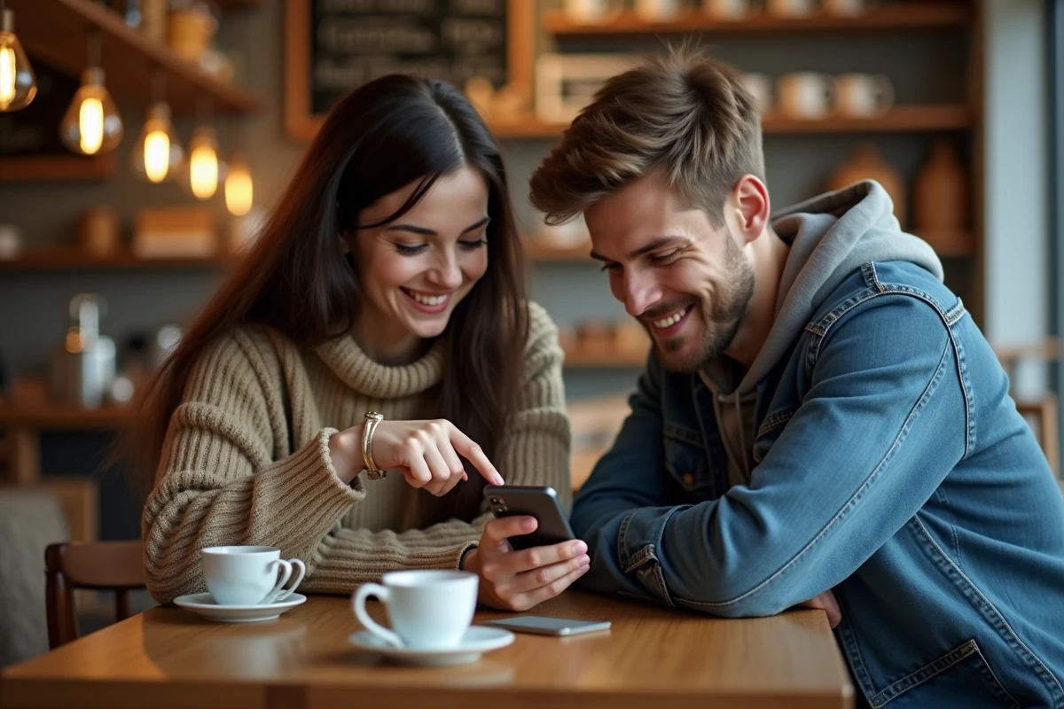 Deux jeunes adultes consultant un guide Pokémon Aventure Ensemble sur smartphone dans un café