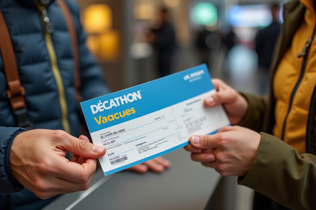 Main échangeant un voucher vacances contre du matériel outdoor