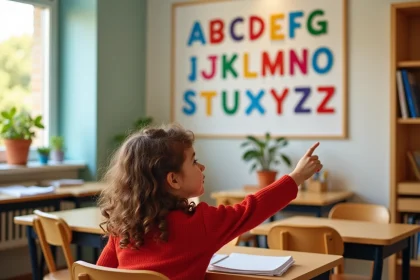 Jeune fille pointant les lettres de l'alphabet français sur un poster coloré en classe primaire