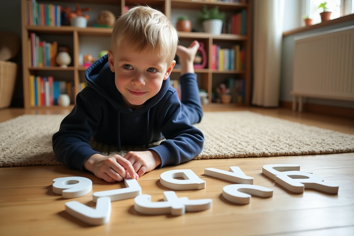 Garçon arrangeant des lettres en mousse de l'alphabet français sur le parquet d'un salon