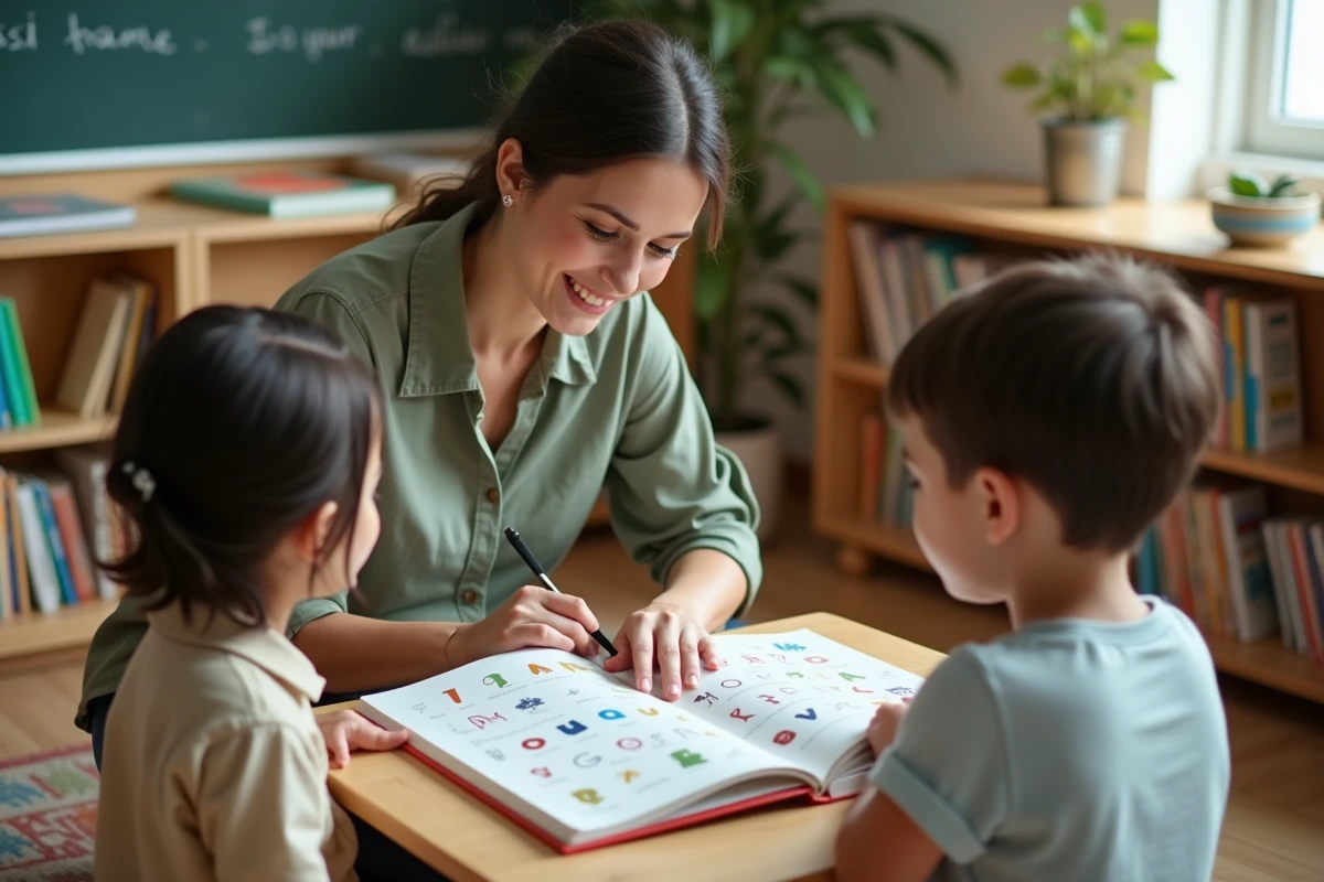 Enseignante montrant les lettres de l'alphabet français dans un livre illustré à deux élèves en bibliothèque scolaire