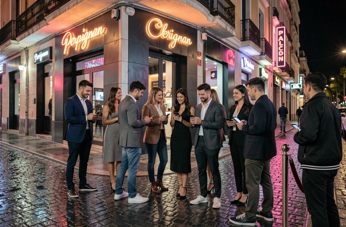 File d'attente devant l'entrée d'une boîte de nuit à Perpignan la nuit avec des jeunes adultes élégants