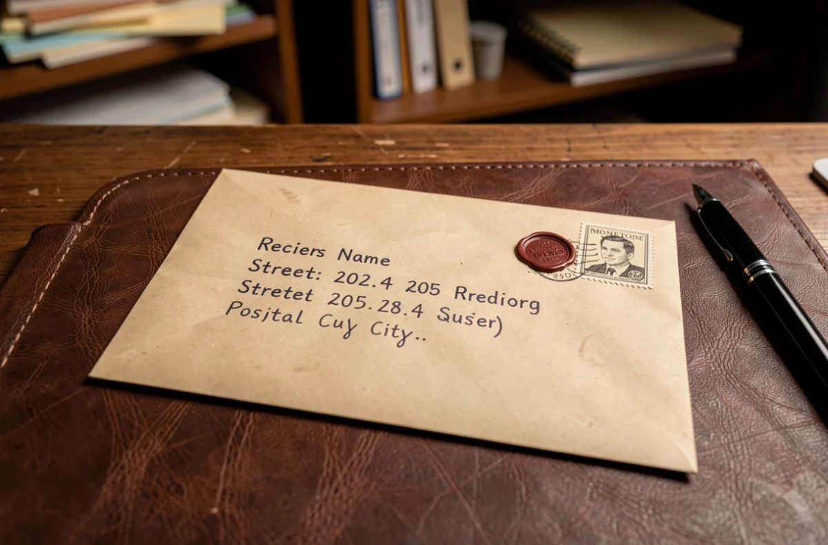 Vue rapprochée d'une enveloppe manuscrite avec un libellé d'adresse postale complet posée sur un bureau en bois avec un timbre vintage et un cachet de cire