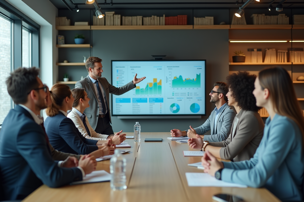 Groupe de professionnels en discussion autour d