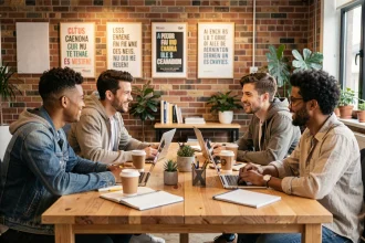 Équipe de bénévoles et professionnels du numérique collaborant autour d'un projet de communication solidaire dans un espace de coworking associatif