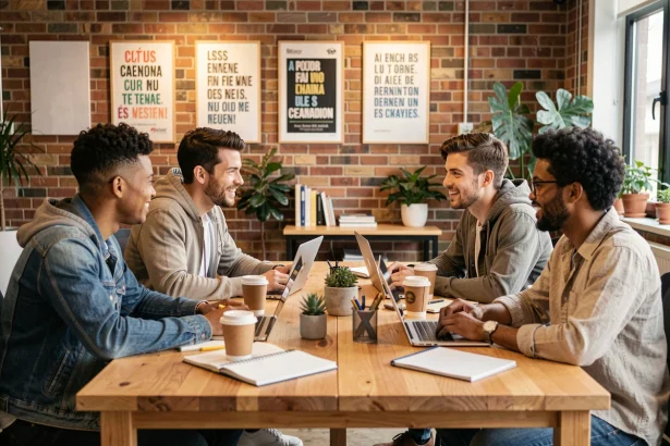 Équipe de bénévoles et professionnels du numérique collaborant autour d'un projet de communication solidaire dans un espace de coworking associatif
