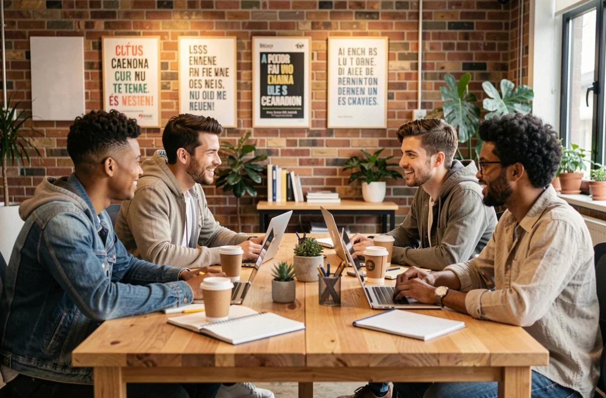 Équipe de bénévoles et professionnels du numérique collaborant autour d'un projet de communication solidaire dans un espace de coworking associatif