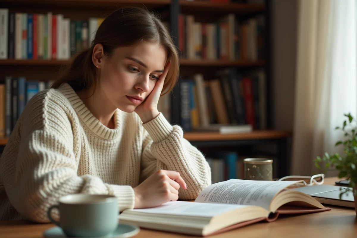 Femme étudiant la grammaire française avec un livre ouvert et des notes manuscrites dans un bureau chaleureux