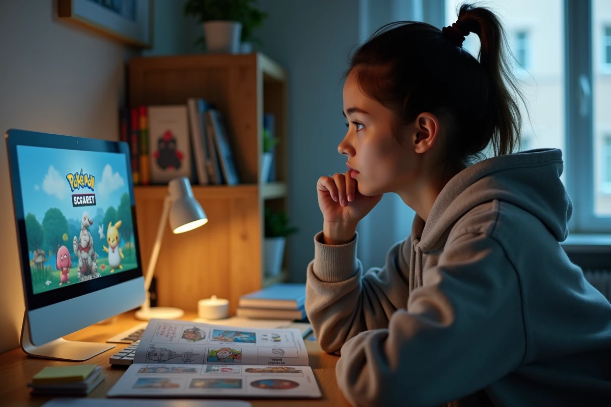 Jeune femme étudiante consultant un guide pour éviter les erreurs dans Pokémon Aventure Ensemble