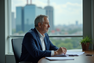 Homme executif en costume navy dans un bureau moderne