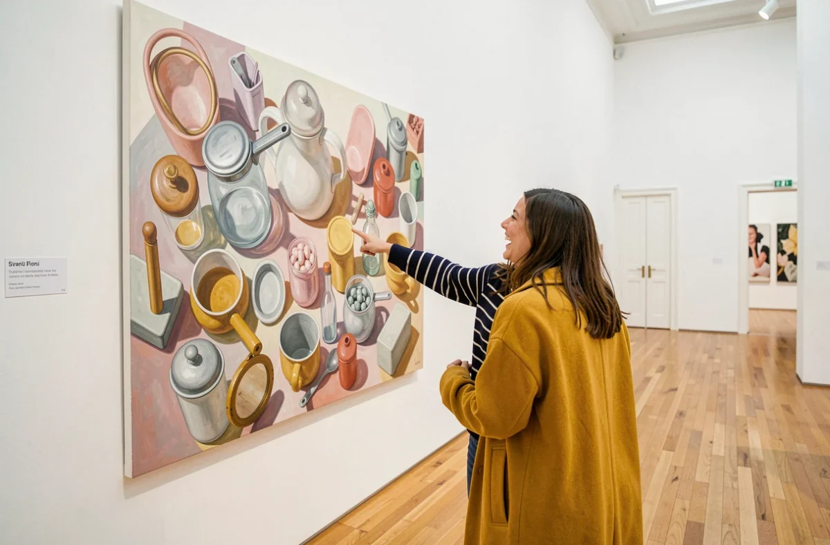 Deux femmes riant devant une grande peinture surréaliste dans une galerie d'art contemporain à Lyon