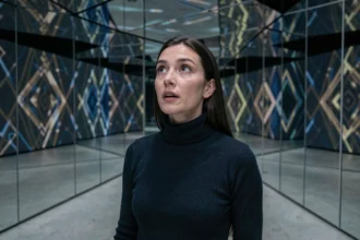 Femme émerveillée dans une installation artistique immersive à Lyon avec des miroirs et projections géométriques colorées