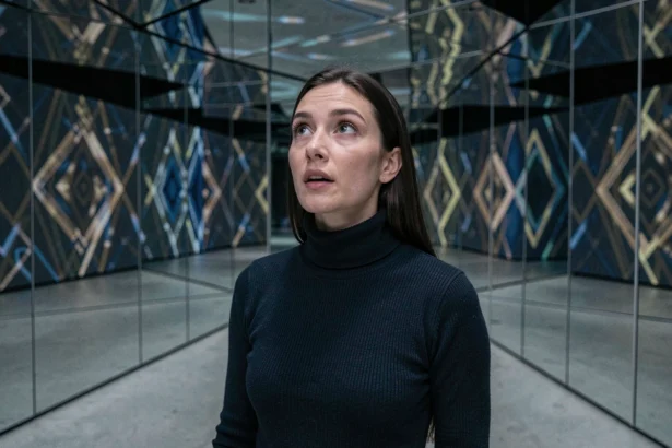 Femme émerveillée dans une installation artistique immersive à Lyon avec des miroirs et projections géométriques colorées