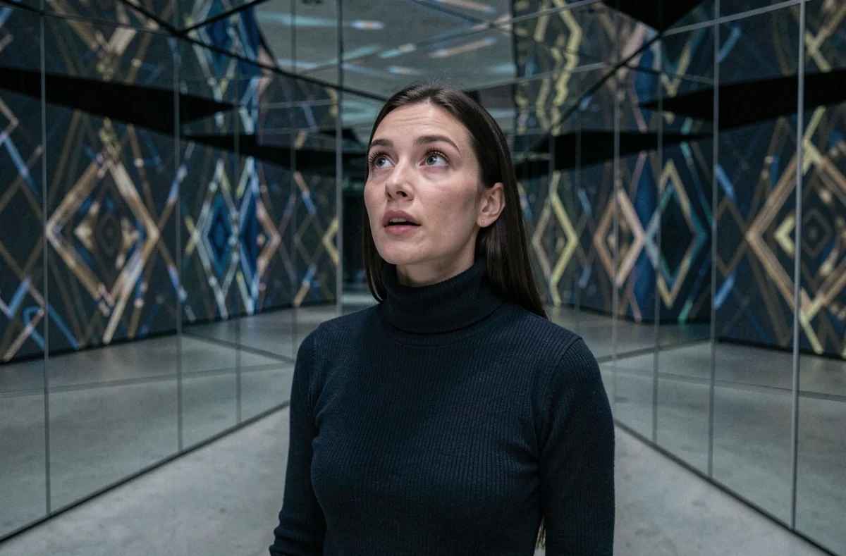 Femme émerveillée dans une installation artistique immersive à Lyon avec des miroirs et projections géométriques colorées