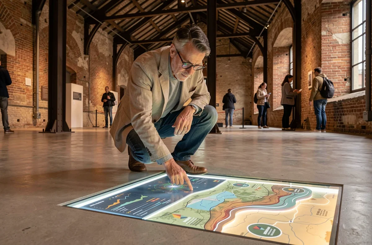 Visiteur masculin examinant une installation interactive au sol lors d'une exposition insolite dans un entrepôt lyonnais
