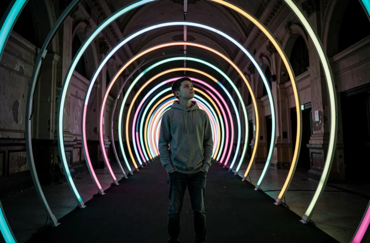Adolescent contemplant un tunnel lumineux immersif lors d'une exposition sensorielle insolite à Lyon
