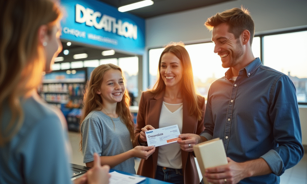 Famille souriante achetant du matériel sportif chez Decathlon
