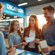 Famille souriante achetant du matériel sportif chez Decathlon