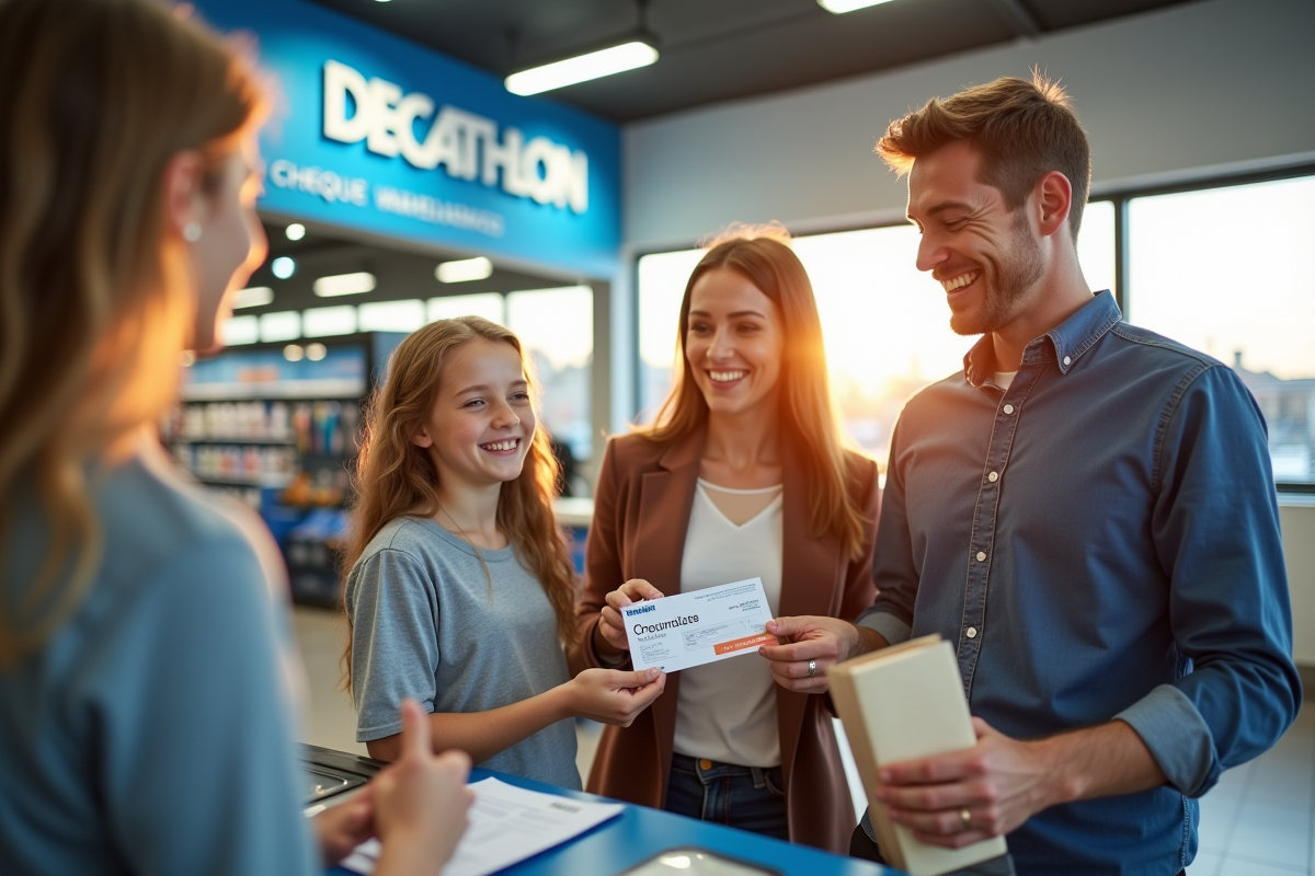 Famille souriante achetant du matériel sportif chez Decathlon