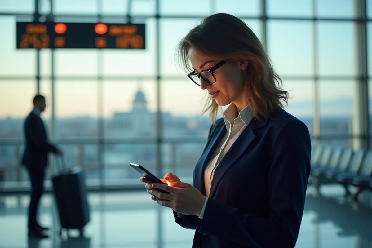Femme d'affaires regardant son smartphone dans un aéroport