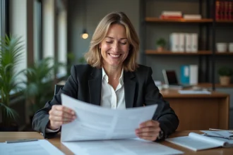 Femme d'affaires souriante lit des documents dans un bureau moderne