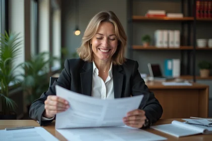 Femme d'affaires souriante lit des documents dans un bureau moderne