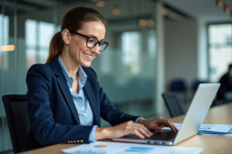 Femme d'affaires souriante travaillant sur un ordinateur dans un bureau moderne